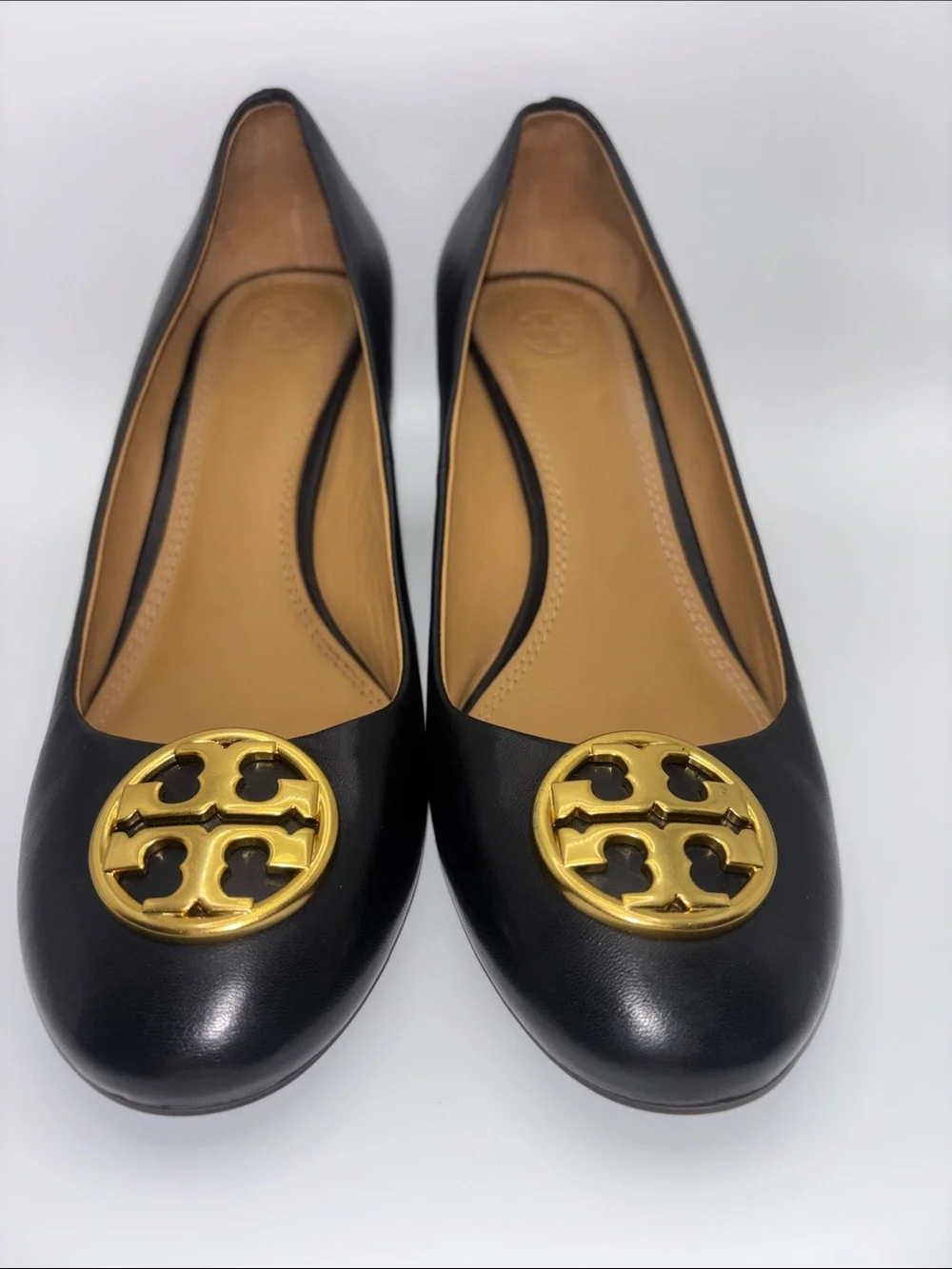 Tory Burch Black Leather Wedges with Gold Logo Medallion